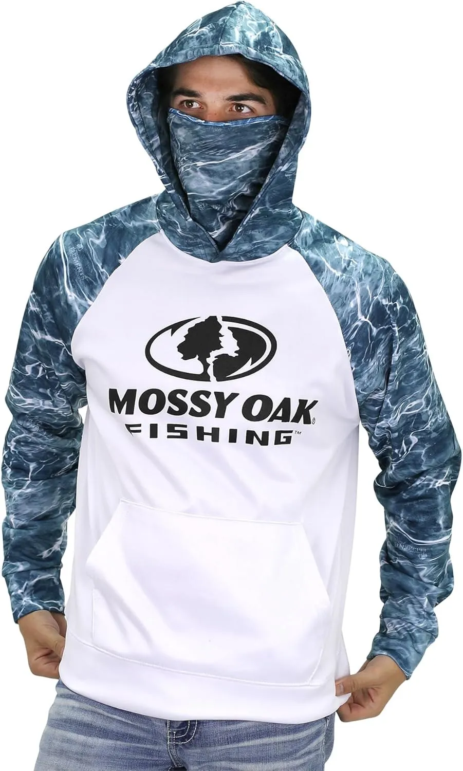 Mossy Oak Mens Fishing Hoodie, UV SPF Sun Protection Camo Fishing Sweatshirt with Face Mask Gaiter