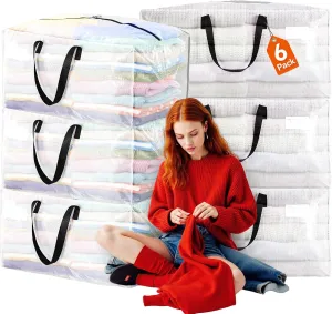Moving Bags Heavy Duty Extra Large, Clear Moving Bags With Durable Zipper & Strong Handles, Packing Bags for College, Storage Bags for Clothes, Alternative For Moving Boxes (Clear, 6 Pack)