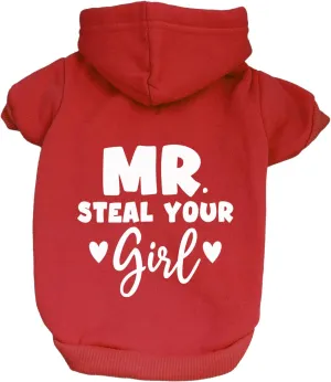 Mr. Steal Your Girl Valentine's Day Pullover Fleece Lined Dog Hoodie with Leash Hole (Red Hooded Sweatshirt)