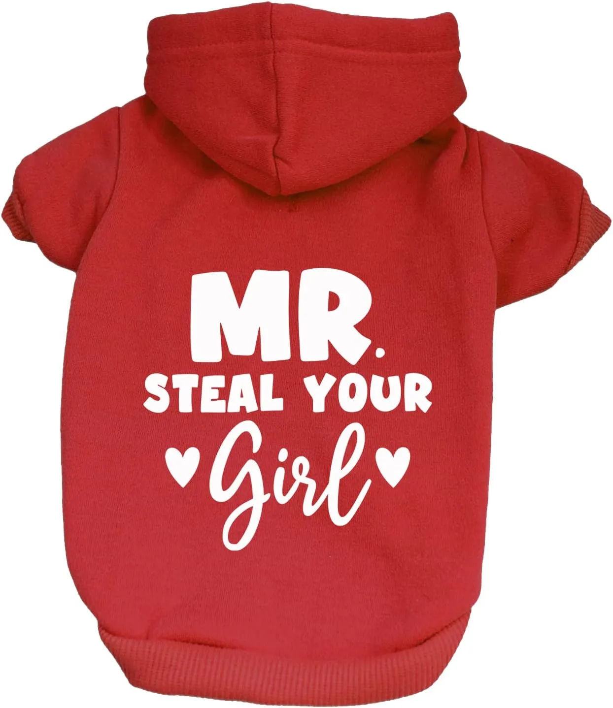 Mr. Steal Your Girl Valentine's Day Pullover Fleece Lined Dog Hoodie with Leash Hole (Red Hooded Sweatshirt)
