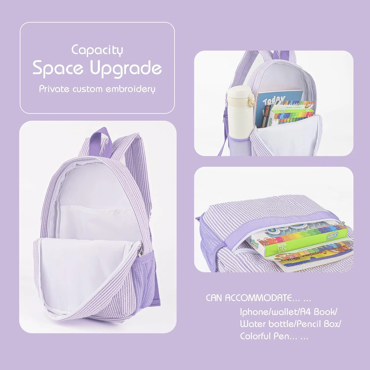 MT WORLD Kids Daycare Backpack Personalized Toddler Backpack Seersucker Preschool Backpack Girls Backpack Preppy Packpacks Kids Bookbags for Daily School Birthday Gifts (Purple)