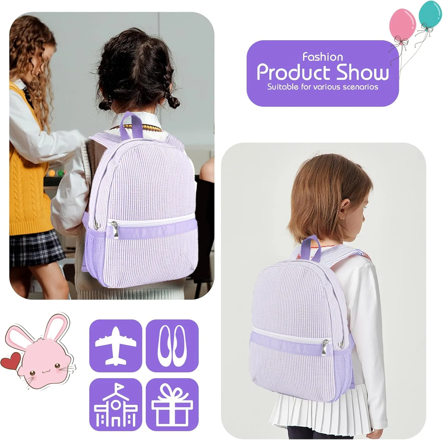 MT WORLD Kids Daycare Backpack Personalized Toddler Backpack Seersucker Preschool Backpack Girls Backpack Preppy Packpacks Kids Bookbags for Daily School Birthday Gifts (Purple)
