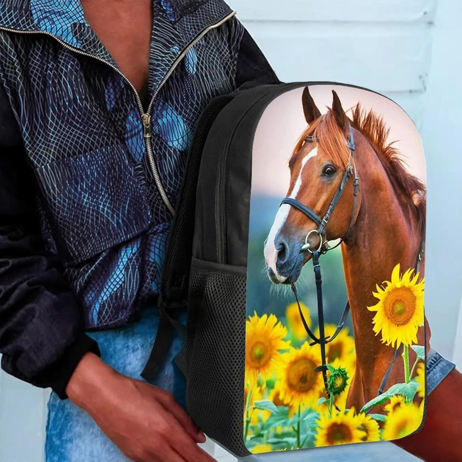 Mumeson Horse Sunflower Backpacks Set for Women Girls Teen School Big Capacity Bookbag Rucksack School Bags with Insulated Lunch Bag and Small Pencil Case 3 Piece Back to School Supplies Set