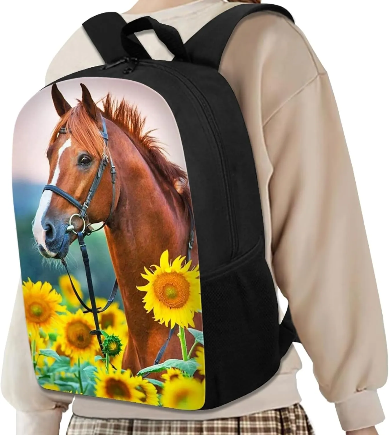 Mumeson Horse Sunflower Backpacks Set for Women Girls Teen School Big Capacity Bookbag Rucksack School Bags with Insulated Lunch Bag and Small Pencil Case 3 Piece Back to School Supplies Set