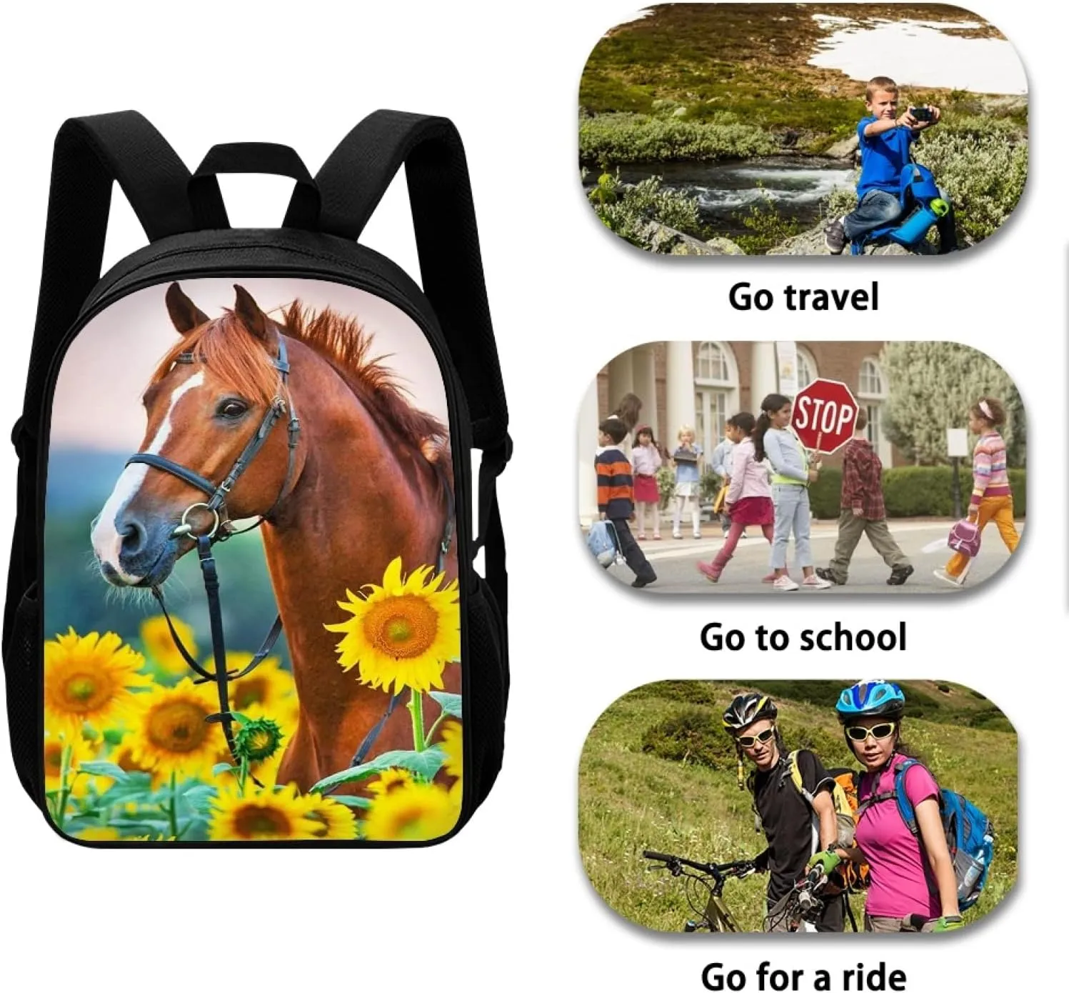 Mumeson Horse Sunflower Backpacks Set for Women Girls Teen School Big Capacity Bookbag Rucksack School Bags with Insulated Lunch Bag and Small Pencil Case 3 Piece Back to School Supplies Set