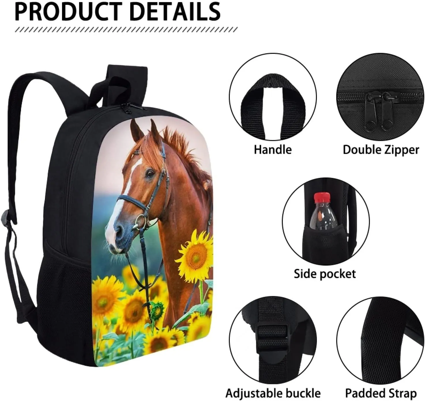 Mumeson Horse Sunflower Backpacks Set for Women Girls Teen School Big Capacity Bookbag Rucksack School Bags with Insulated Lunch Bag and Small Pencil Case 3 Piece Back to School Supplies Set