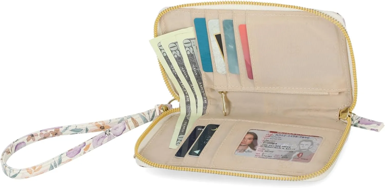 Mundi Jacqui RFID Crossbody Wallet for Women, Vegan Leather Small Travel Handbag with Phone Holder, Compact Organizer with Card Slots and Adjustable Strap, Vacation Purse in Floral Wish