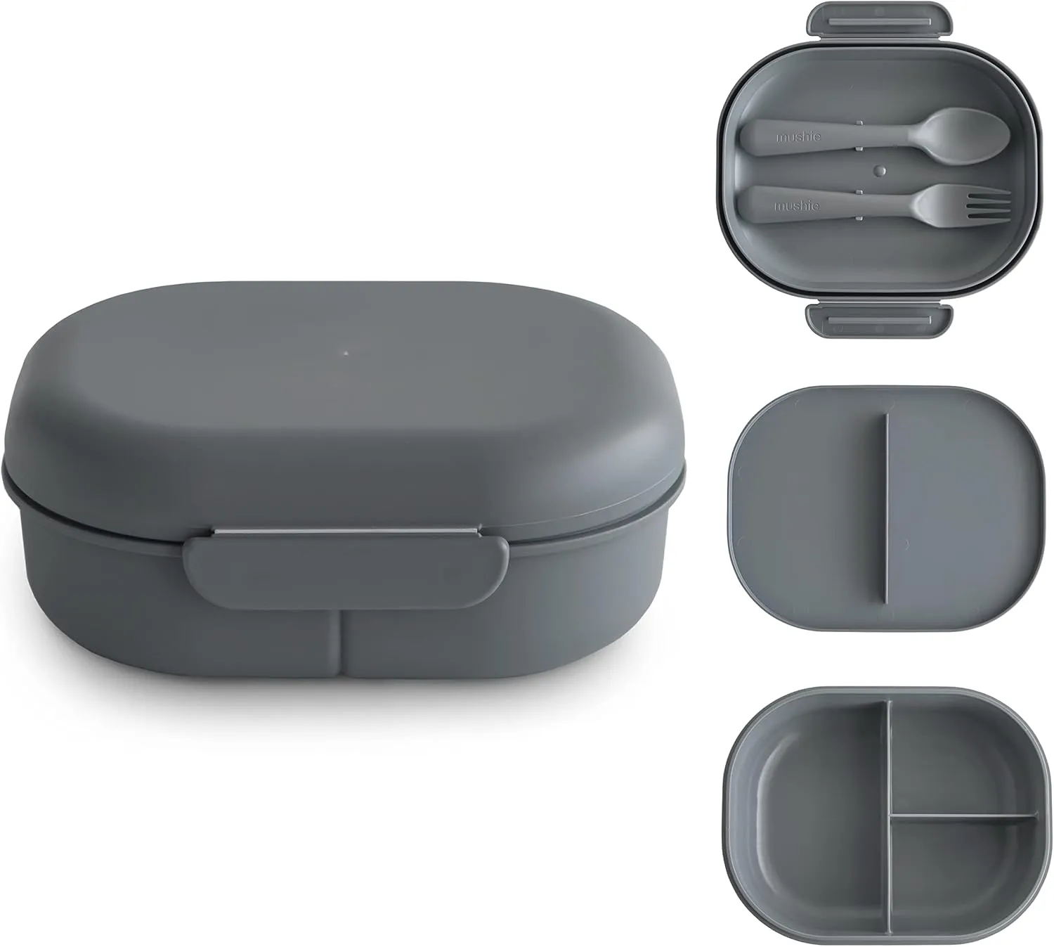 mushie Kids Bento Lunch Box | 3-Compartment & Removable Divider   Fork & Spoon Utensils | Great For Meals, School, Snacks On-the-Go | Dishwasher Safe (Smoke)