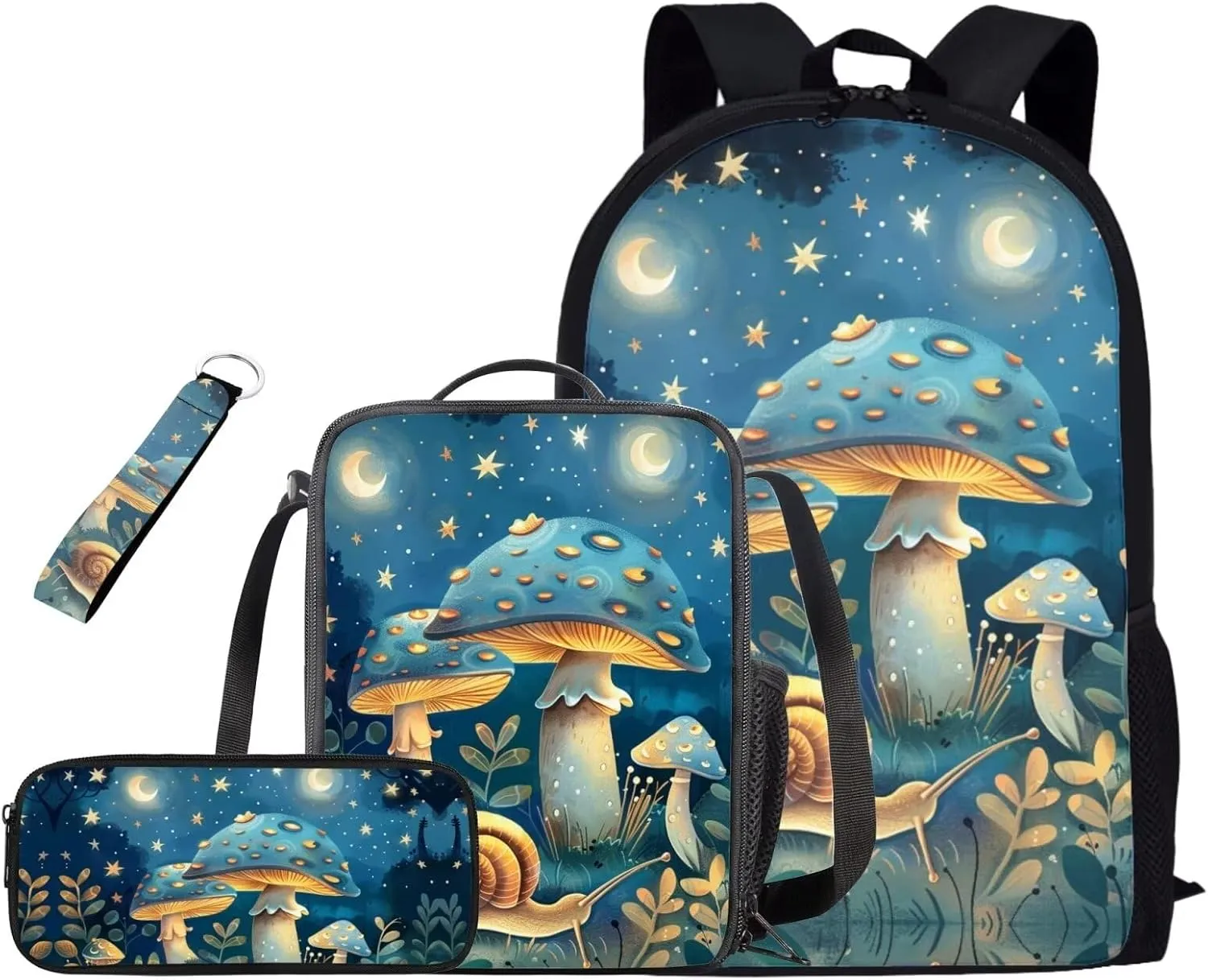 Mushroom Backpacks with Lunch Box and Pencil Case for Girl and Keychain Wristlet Large Capacity Fashion School Bag for Boys 6-14, Fit Back to School Gifts