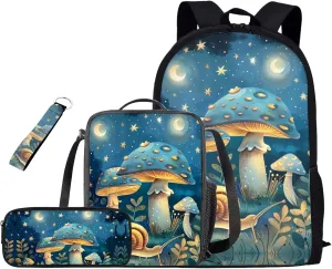 Mushroom Backpacks with Lunch Box and Pencil Case for Girl and Keychain Wristlet Large Capacity Fashion School Bag for Boys 6-14, Fit Back to School Gifts