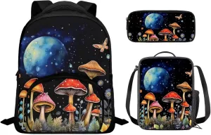 Mushroom Print Backpack with Lunch Box and Pencil Case 6th to 8th Grade Portable Shoulder Bag for School Hand Carry Lunch Box for Kids, Fit High School Middle School