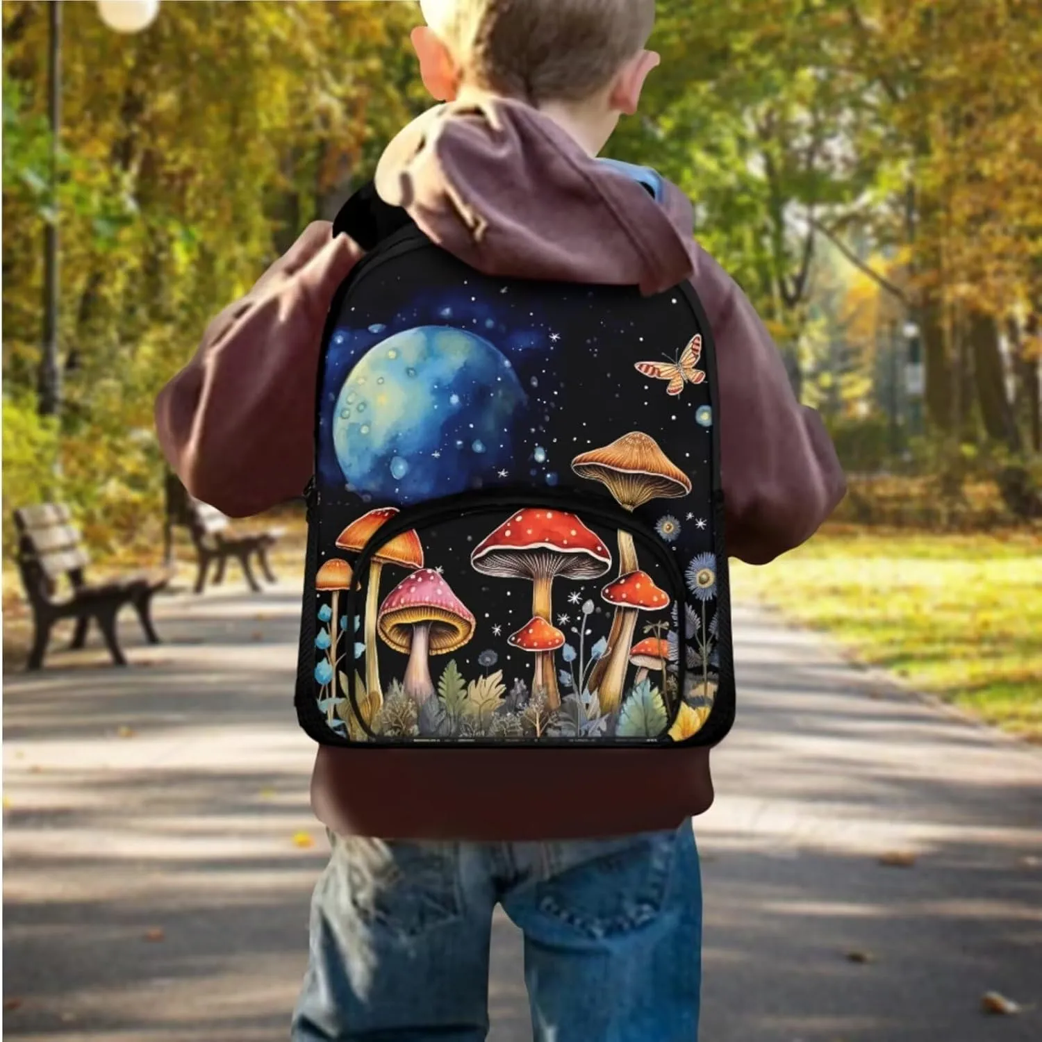 Mushroom Print Backpack with Lunch Box and Pencil Case 6th to 8th Grade Portable Shoulder Bag for School Hand Carry Lunch Box for Kids, Fit High School Middle School