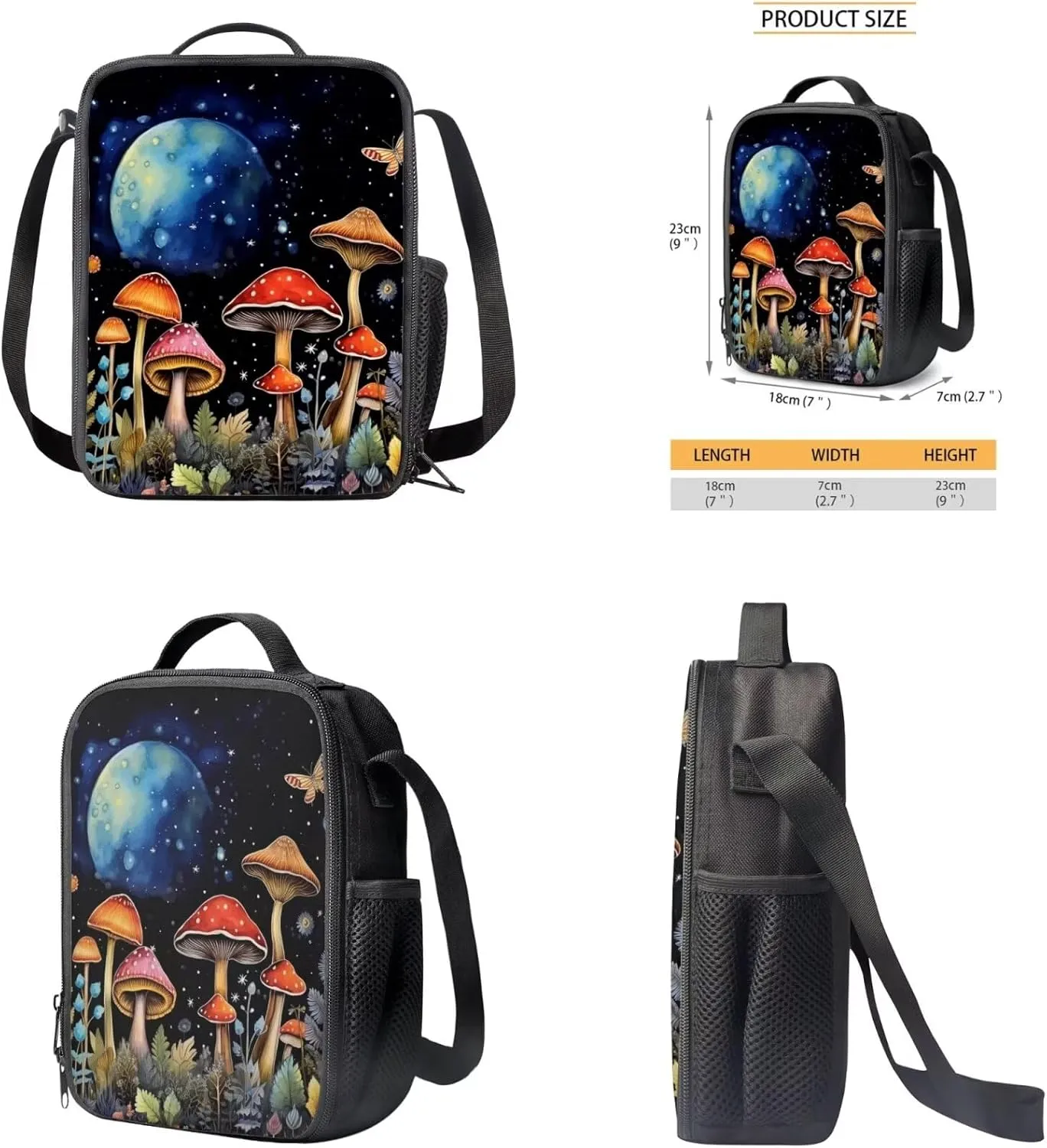 Mushroom Print Backpack with Lunch Box and Pencil Case 6th to 8th Grade Portable Shoulder Bag for School Hand Carry Lunch Box for Kids, Fit High School Middle School