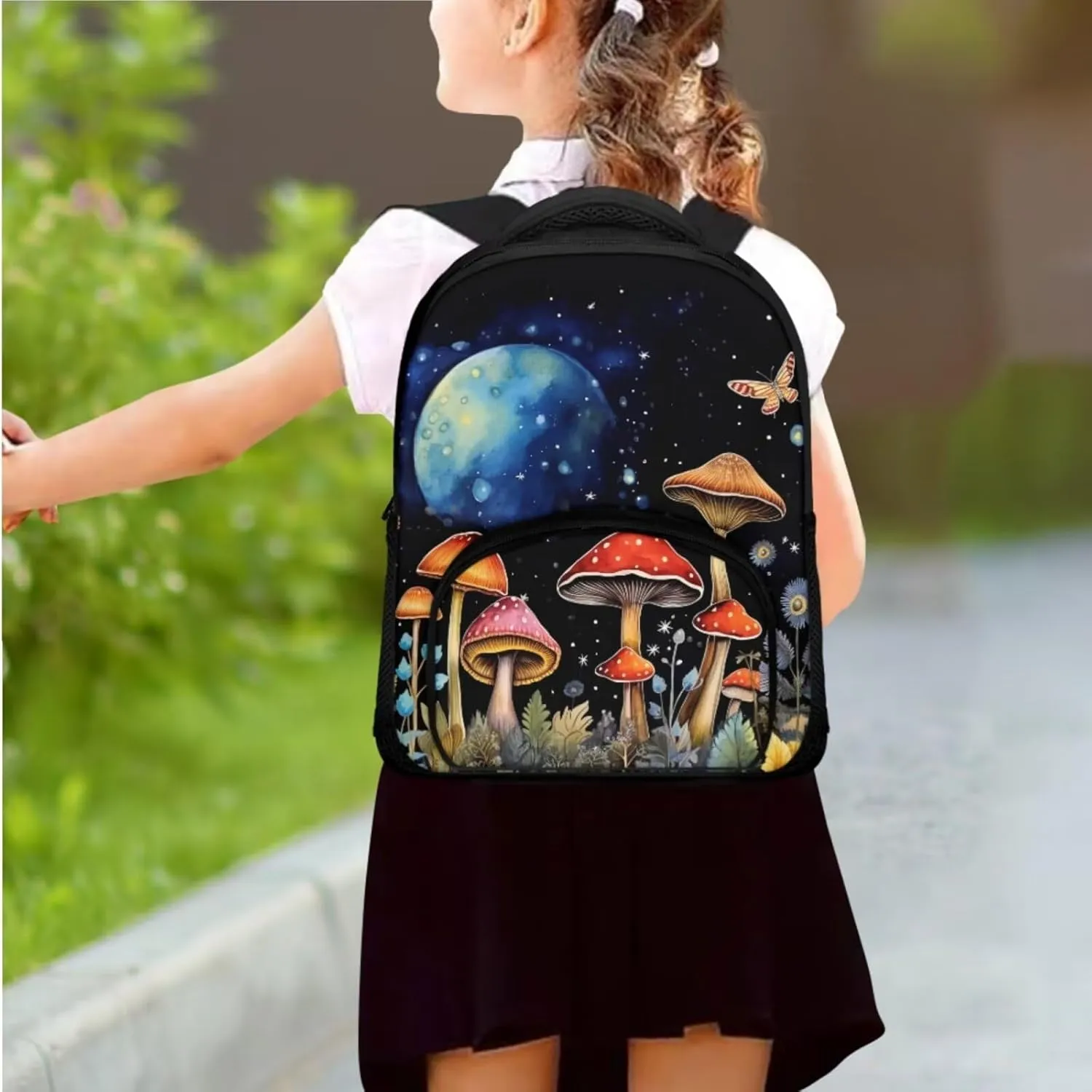 Mushroom Print Backpack with Lunch Box and Pencil Case 6th to 8th Grade Portable Shoulder Bag for School Hand Carry Lunch Box for Kids, Fit High School Middle School