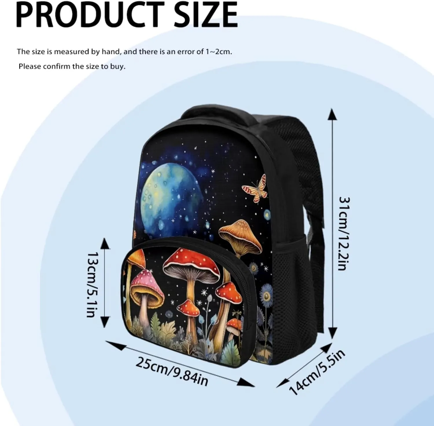 Mushroom Print Backpack with Lunch Box and Pencil Case 6th to 8th Grade Portable Shoulder Bag for School Hand Carry Lunch Box for Kids, Fit High School Middle School