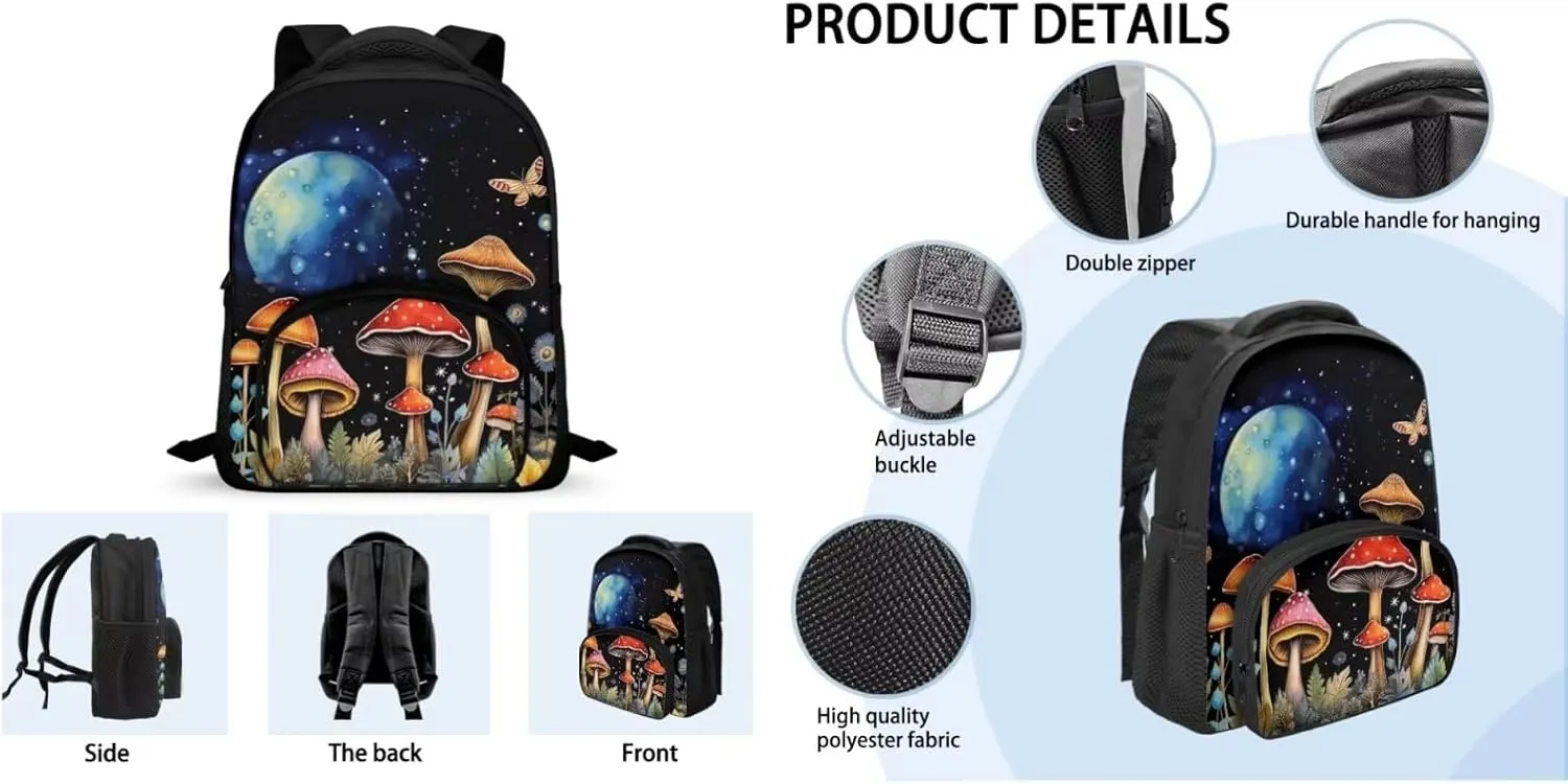 Mushroom Print Backpack with Lunch Box and Pencil Case 6th to 8th Grade Portable Shoulder Bag for School Hand Carry Lunch Box for Kids, Fit High School Middle School