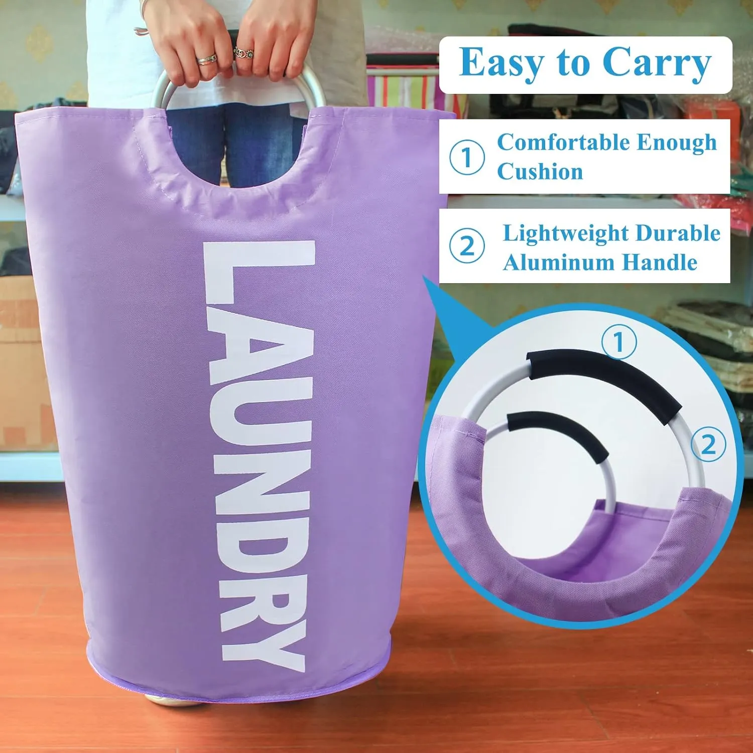 Mziart 90L Large Collapsible Laundry Basket with Padded Handles, Heavy Duty Oxford Fabric Laundry Hamper Tall Laundry Bag Foldable Laundry Bin Storage Organizer for Nursery Bedroom College Dorm-Purple
