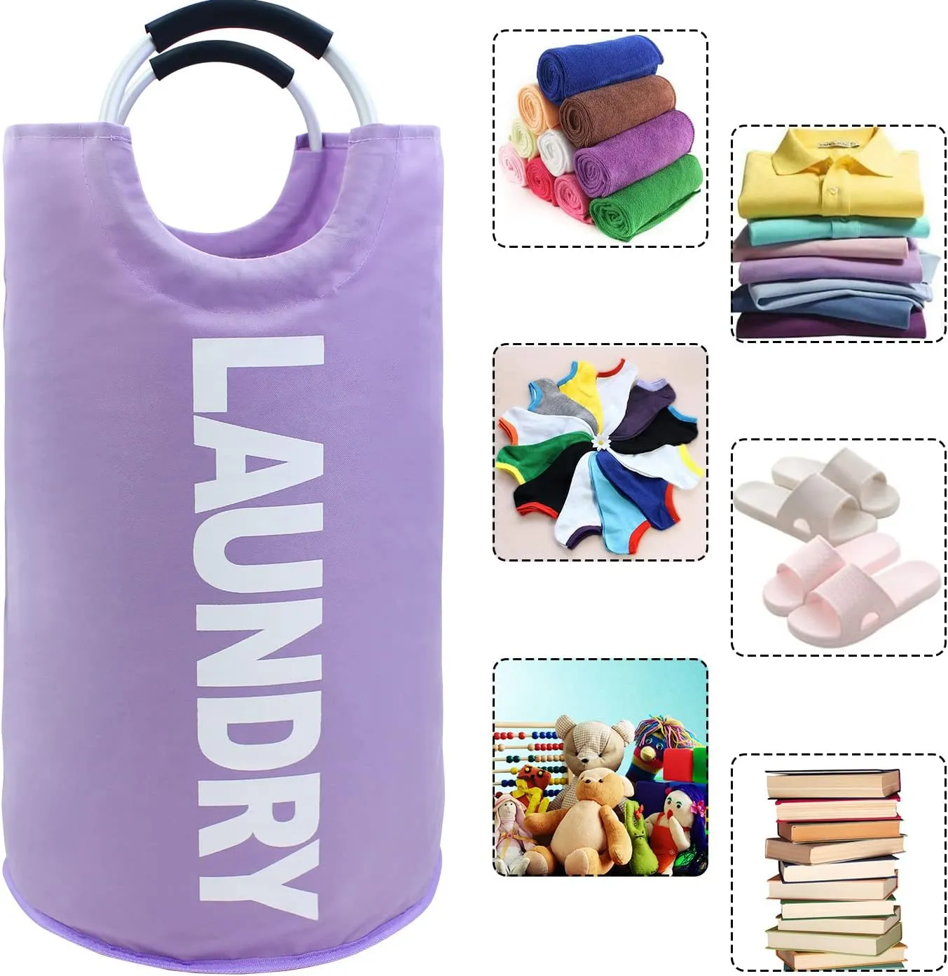 Mziart 90L Large Collapsible Laundry Basket with Padded Handles, Heavy Duty Oxford Fabric Laundry Hamper Tall Laundry Bag Foldable Laundry Bin Storage Organizer for Nursery Bedroom College Dorm-Purple