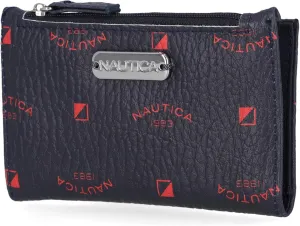 Nautica High Tide Small Wallet for Women, RFID Blocking Slim Credit Card Holder with Zipper Coin Pocket, Bifold Compact Wallet with ID Window, Indigo Red