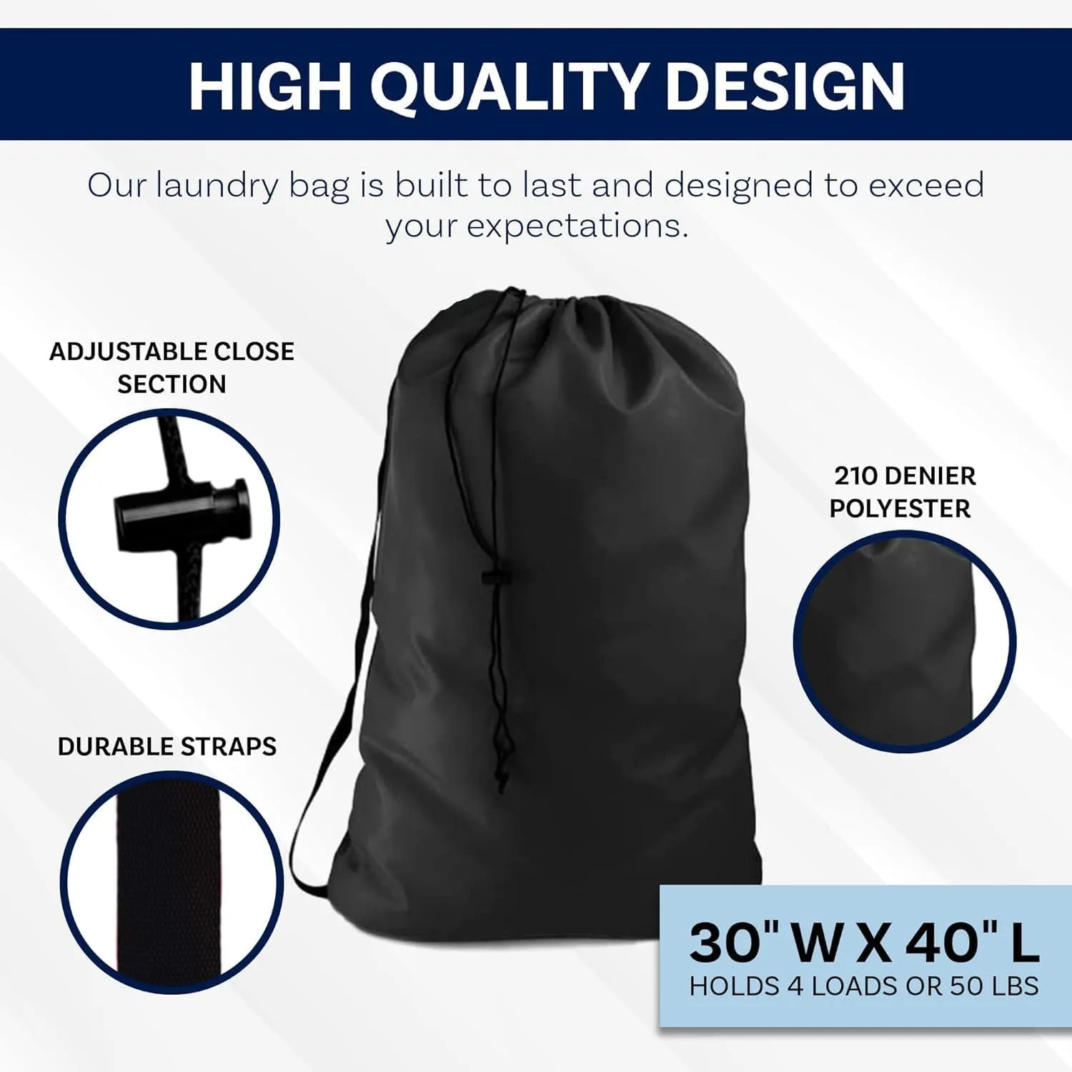 NAVY BLUE Heavy Duty Laundry Bag w/Shoulder Strap by Ultra Essentials, XXL 30" X 40" Tear Resistant Utility Bags, Dorm Hamper, Camping Tent, Sports Ball, Clothes, Yarn Storage
