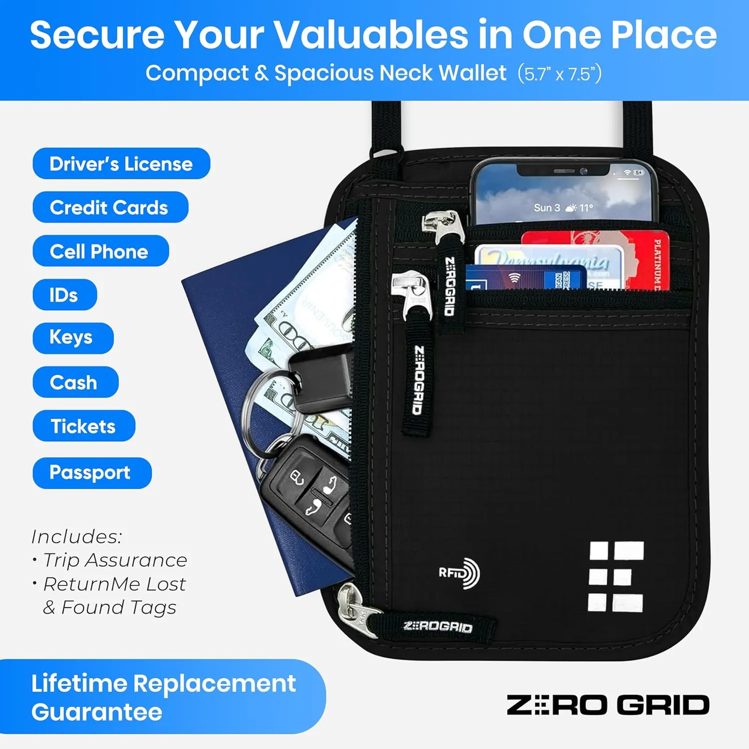 Neck Wallet for Travel & Passport Holder with RFID Blocking - Slim & Easy to Conceal Nylon Travel Pouch for men & women - Holds Phone, Cash, Cards, Keys - Sweat & Water Resistant - Large - Black