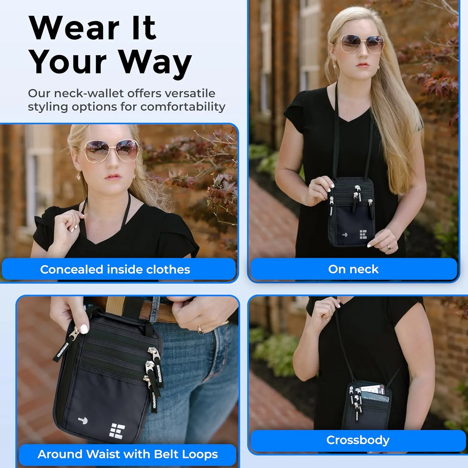 Neck Wallet for Travel & Passport Holder with RFID Blocking - Slim & Easy to Conceal Nylon Travel Pouch for men & women - Holds Phone, Cash, Cards, Keys - Sweat & Water Resistant - Large - Black