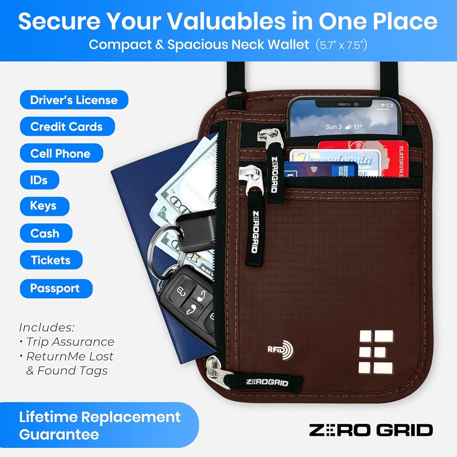 Neck Wallet for Travel & Passport Holder with RFID Blocking - Slim & Easy to Conceal Nylon Travel Pouch for men & women - Holds Phone, Cash, Cards, Keys - Sweat & Water Resistant - Large - Mocha