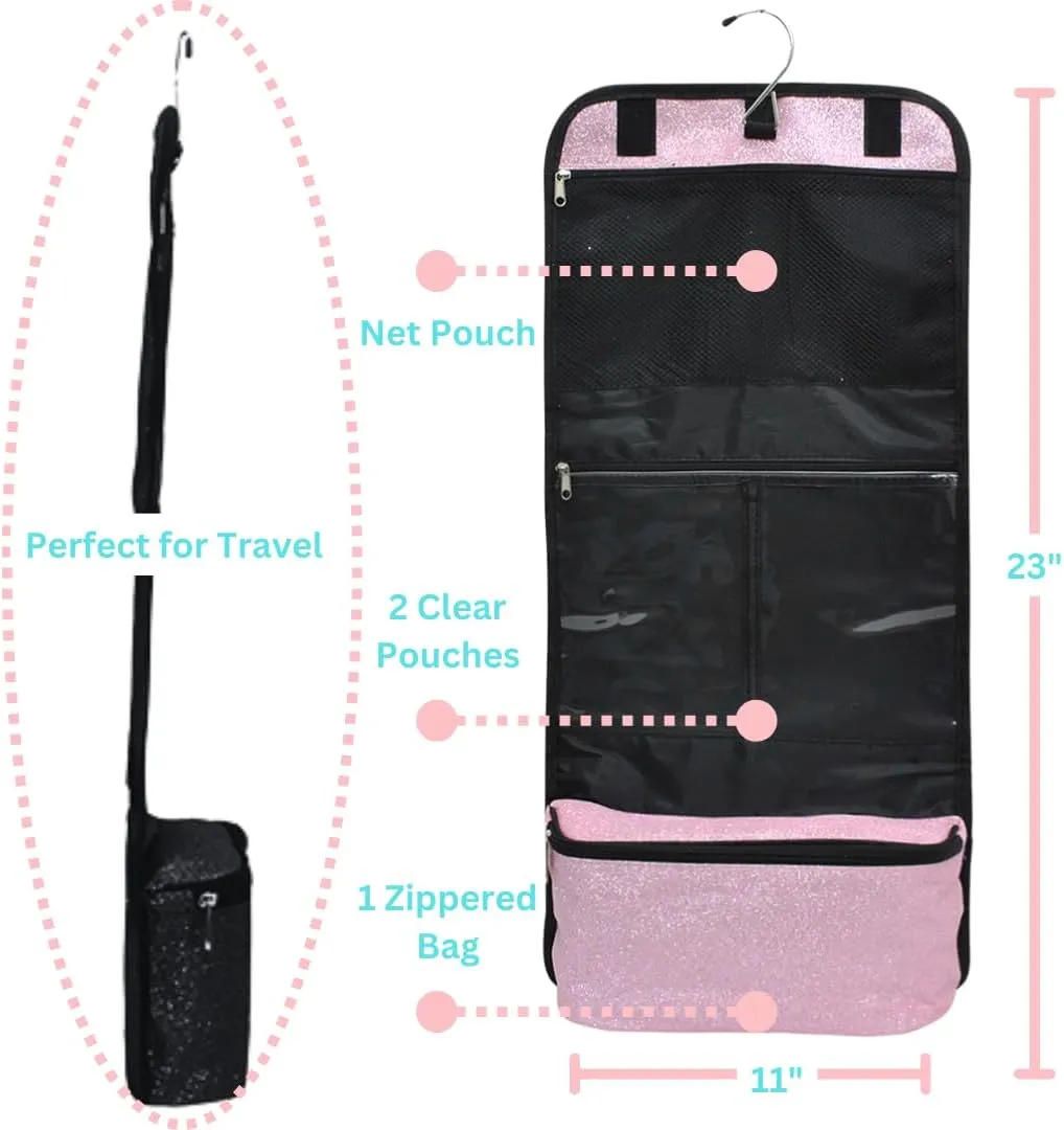 NGIL Glitter Travel Hanging Toiletry Bag for Cheerleaders and Dance Teams, Toiletry Organizer and Toiletry Bag for Women, Cosmetic Travel Bag(Glitter-Pink)