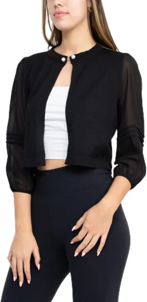 Nina Leonard Crew Neck Closure Knit Bodice 3/4 Chiffon Sleeve Solid Bolero Black/S