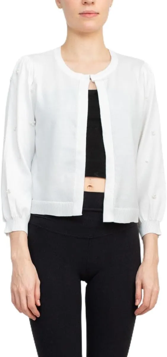 Nina Leonard Crew Neck Hook Closure 3/4 Bishop Sleeves Knit Cardigan Ivory/L