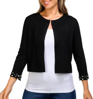 Nina Leonard Crew Neck Hook Closure 3/4 Sleeve Embellished Cuff Solid Knit Bolero Black/L