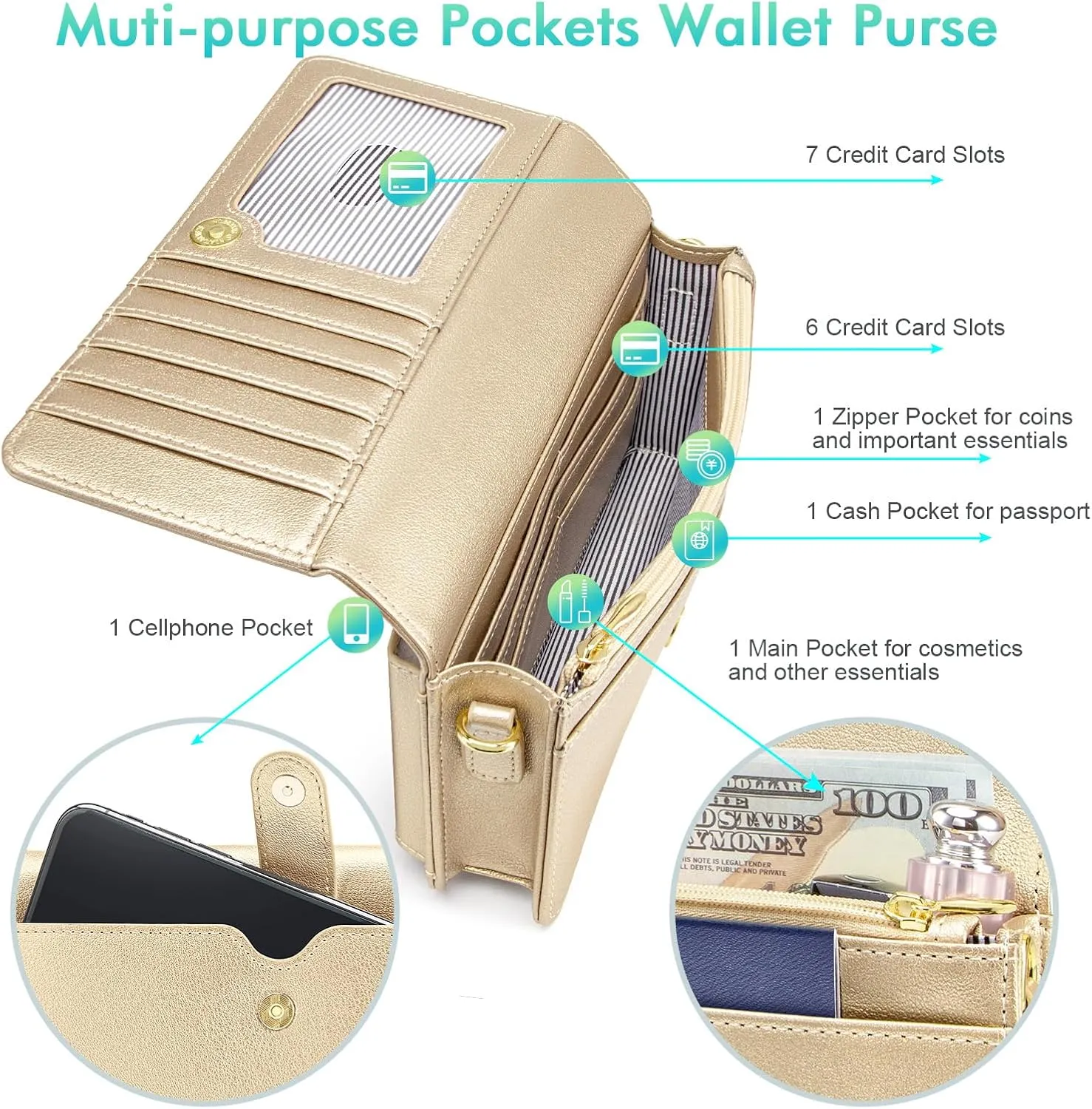nuoku Women Small Crossbody Bag Cellphone Purse Wallet with RFID Card Slots 2 Straps