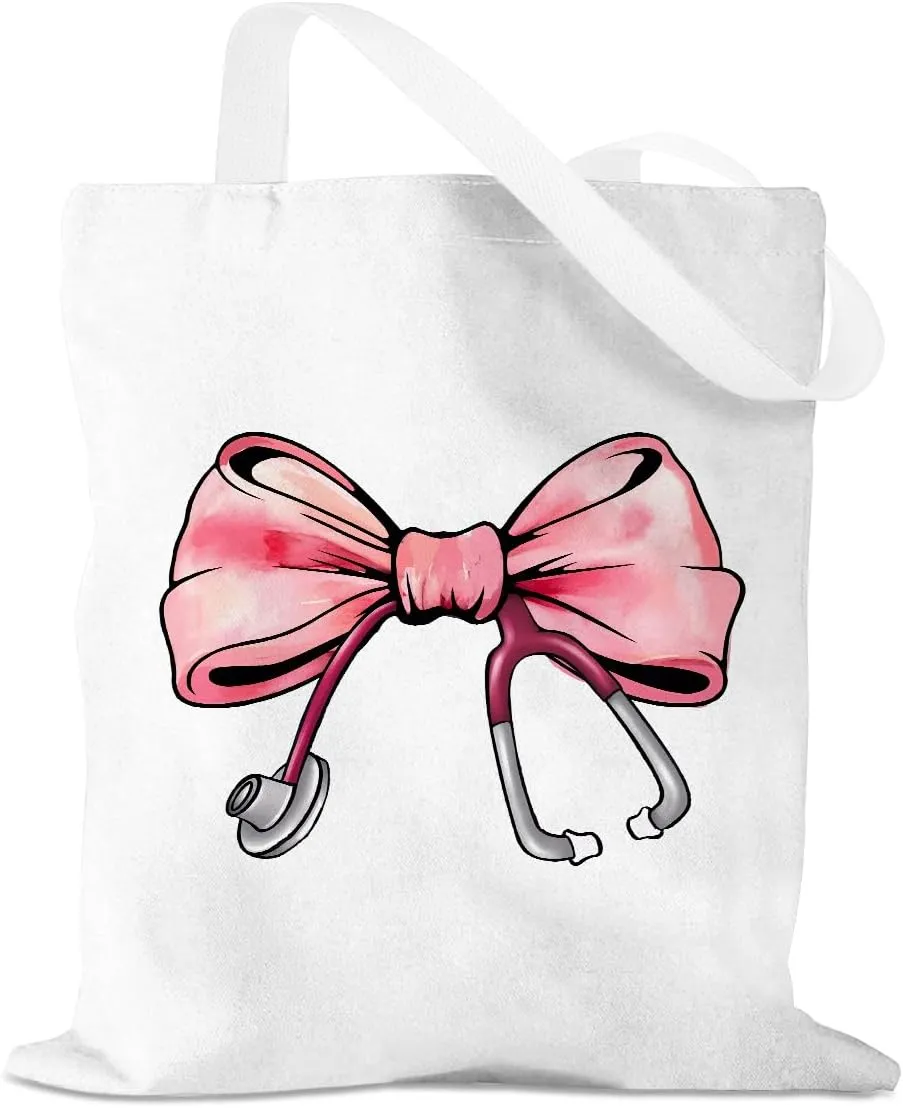 Nurse Gifts Bow Canvas Tote Bag, Nurse Accessories for Work, Graduation Gift for Women Nursing Reusable Grocery Bag