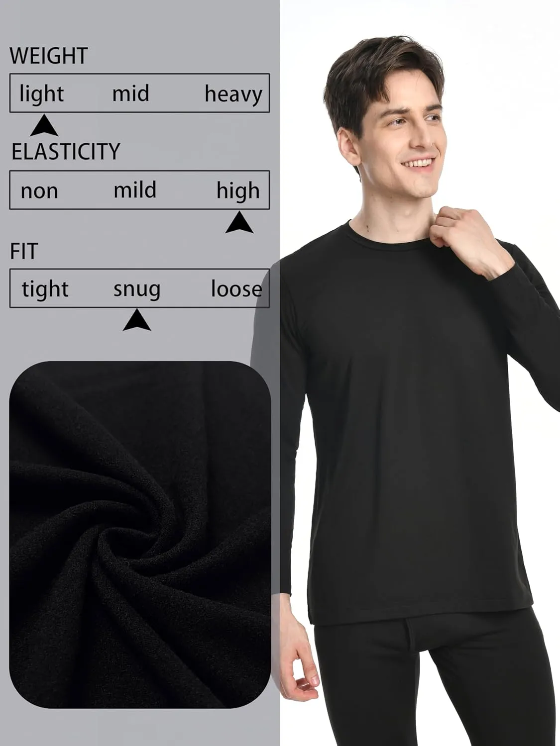 Nutria Mens Thermal Underwear Crew Top 2 Packs Fleece Lined Thermal Shirts for Men Undershirt Long Sleeves Lightweight U07A