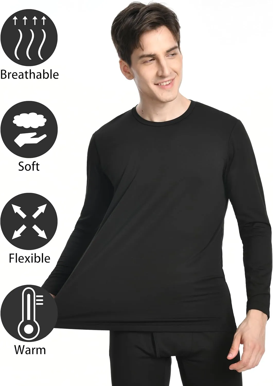Nutria Mens Thermal Underwear Crew Top 2 Packs Fleece Lined Thermal Shirts for Men Undershirt Long Sleeves Lightweight U07A
