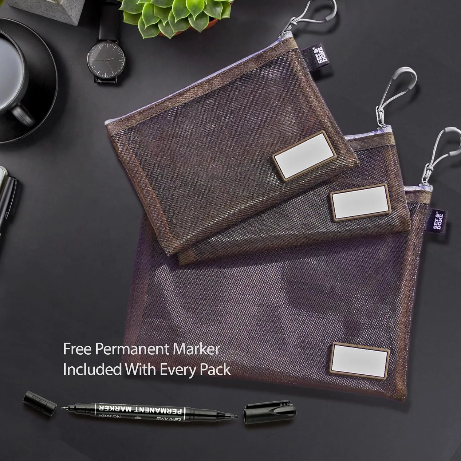 Nylon Zipper Pouch Set with Name Tabs - Mesh Bags for Makeup & Diaper Storage