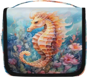 Ocean Seahorse Hanging Travel Toiletry Bag Kit Makeup Case Cosmetics Organizer Seahorse Toiletry Bag for Women Make up Accessories Shampoo Body Cream Brushes Set