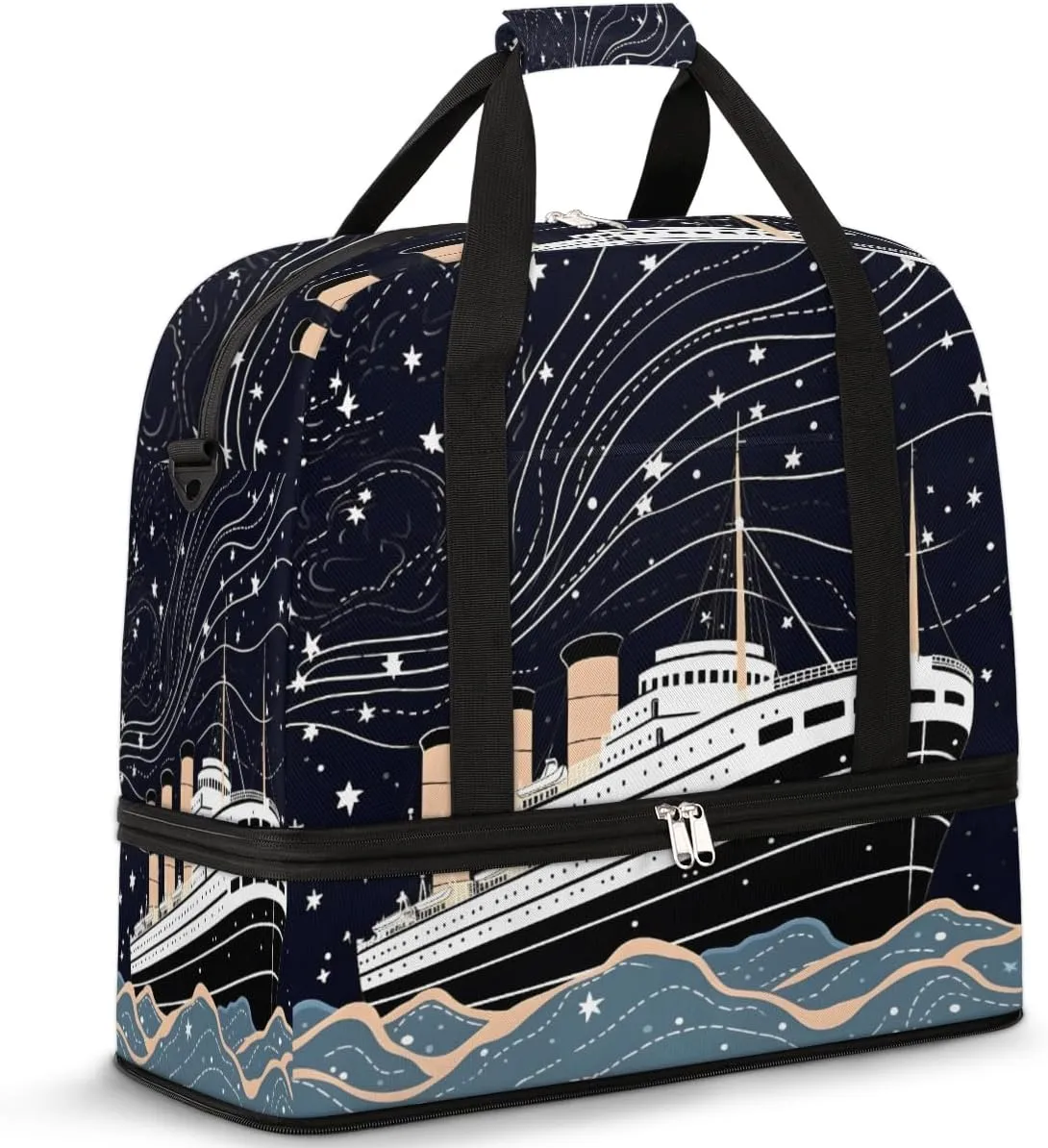 Ocean Ship Print Foldable Duffle Bag with Shoes Compartment Large Capacity Waterproof Travel Weekender Bag Overnight Bag for Sports Gym