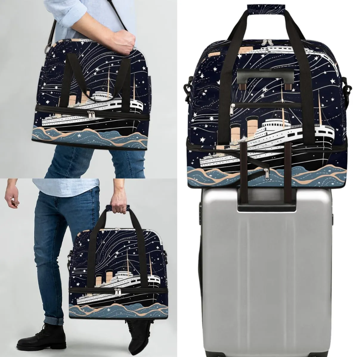 Ocean Ship Print Foldable Duffle Bag with Shoes Compartment Large Capacity Waterproof Travel Weekender Bag Overnight Bag for Sports Gym