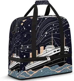 Ocean Ship Print Foldable Duffle Bag with Shoes Compartment Large Capacity Waterproof Travel Weekender Bag Overnight Bag for Sports Gym