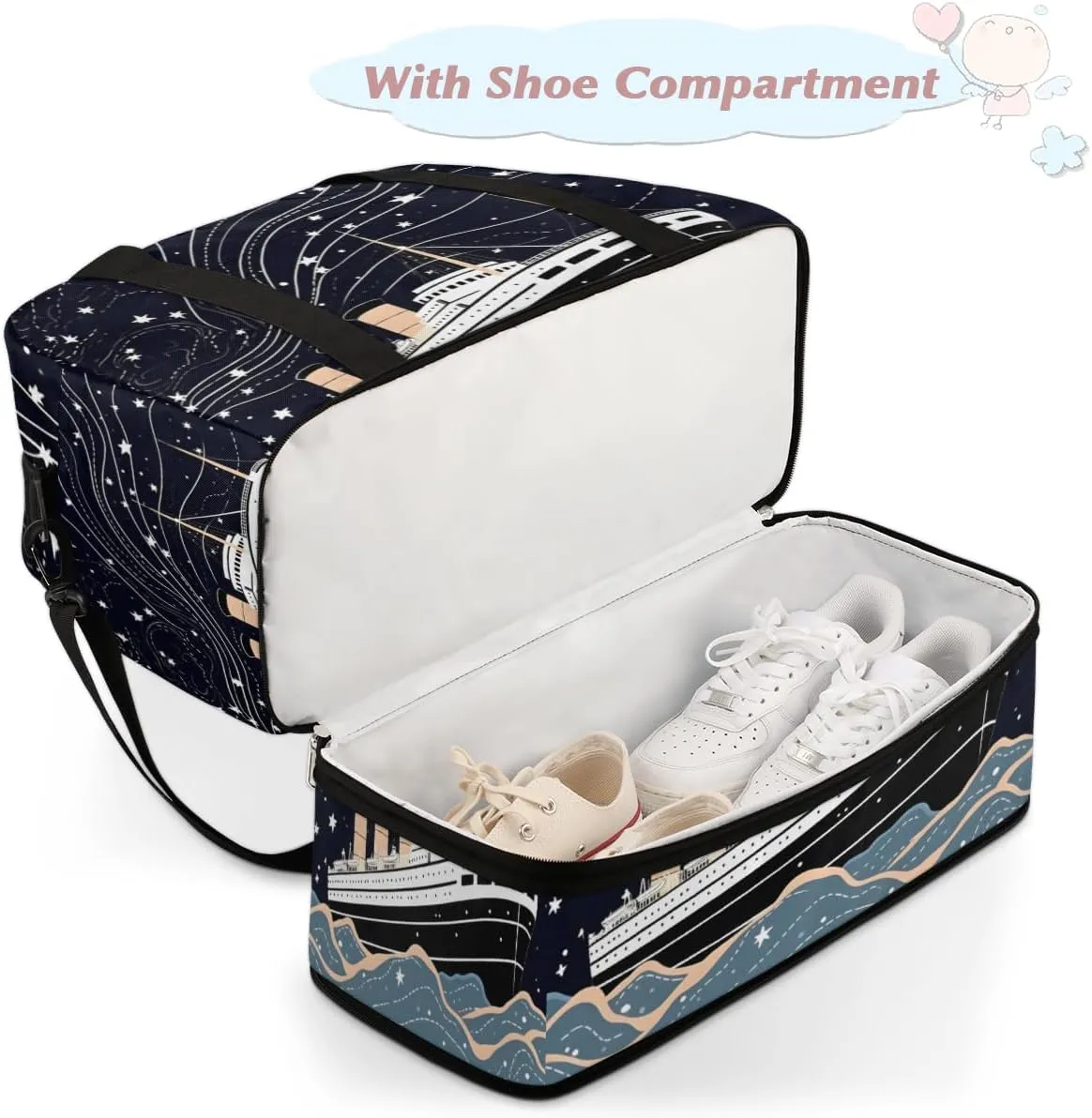 Ocean Ship Print Foldable Duffle Bag with Shoes Compartment Large Capacity Waterproof Travel Weekender Bag Overnight Bag for Sports Gym