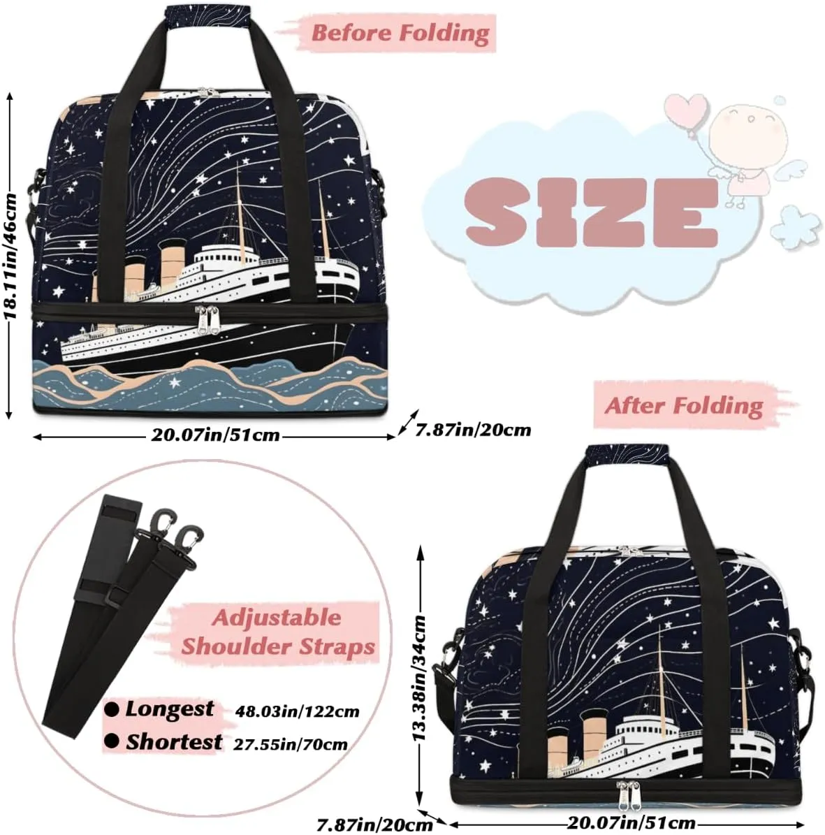 Ocean Ship Print Foldable Duffle Bag with Shoes Compartment Large Capacity Waterproof Travel Weekender Bag Overnight Bag for Sports Gym