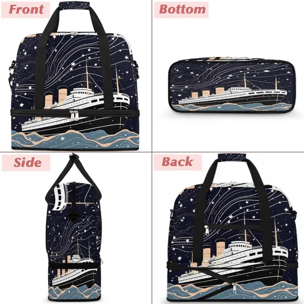 Ocean Ship Print Foldable Duffle Bag with Shoes Compartment Large Capacity Waterproof Travel Weekender Bag Overnight Bag for Sports Gym