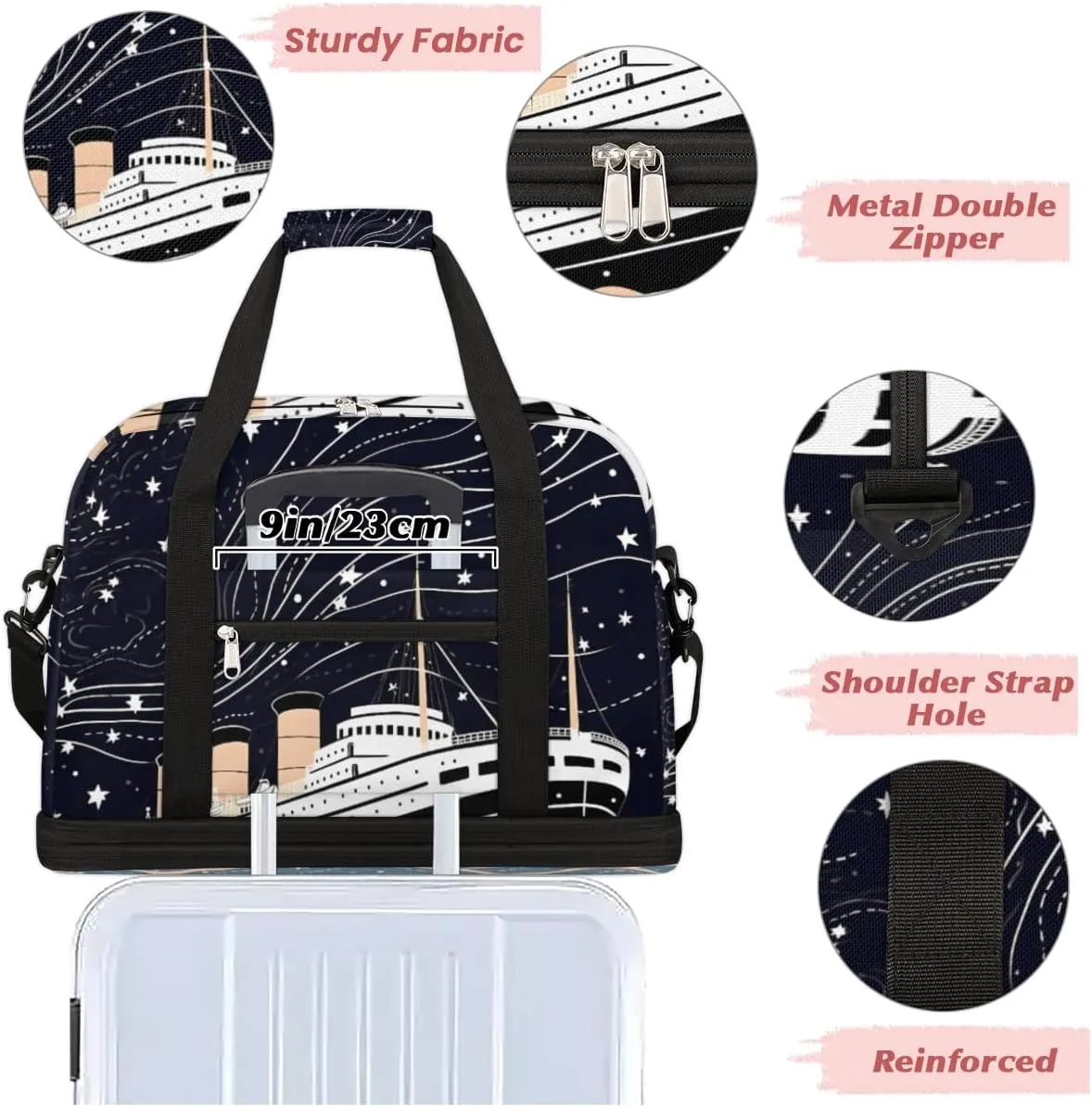 Ocean Ship Print Foldable Duffle Bag with Shoes Compartment Large Capacity Waterproof Travel Weekender Bag Overnight Bag for Sports Gym