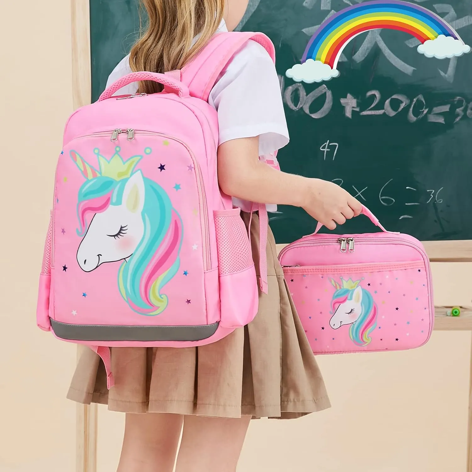 Octsky Unicorn Backpack for Girls, Kids Preschool Backpacks Cute Lightweight With Chest Strap and Lunchbox (Unicorn-Purple)