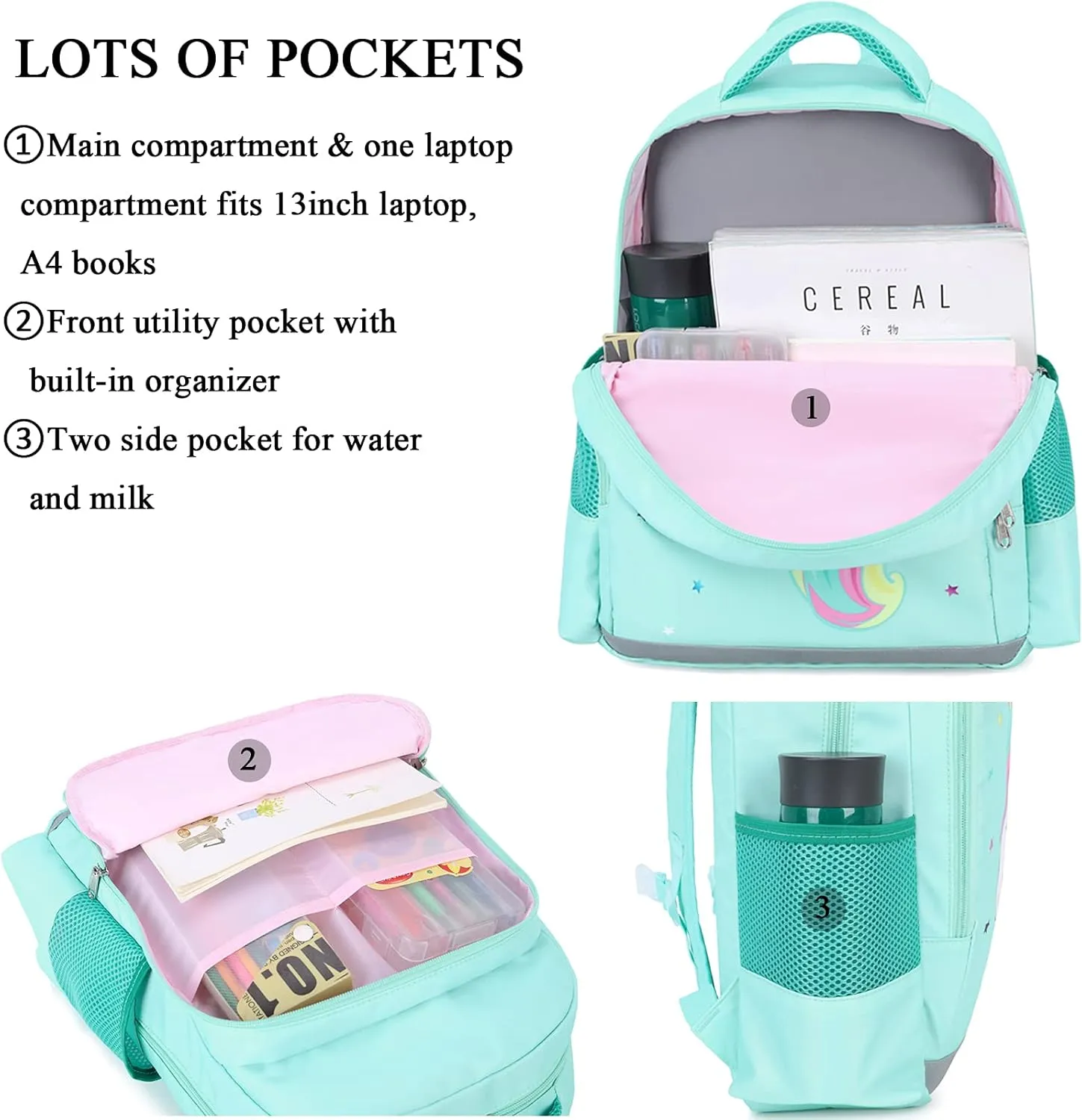 Octsky Unicorn Backpack for Girls, Kids Preschool Backpacks Cute Lightweight With Chest Strap and Lunchbox (Unicorn-Purple)
