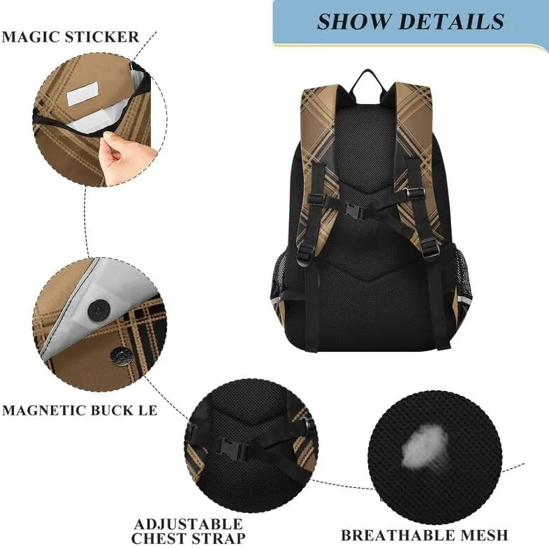 ODAWA Plaid Brown Black Squares Bakcpack Lightweight Backpack for School Kids Backpack Ages 6-12, 17 Inch