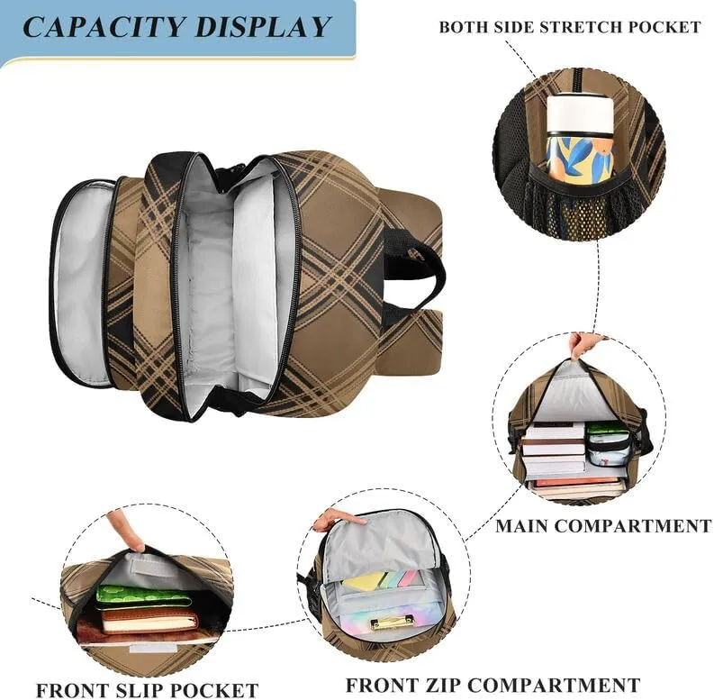 ODAWA Plaid Brown Black Squares Bakcpack Lightweight Backpack for School Kids Backpack Ages 6-12, 17 Inch
