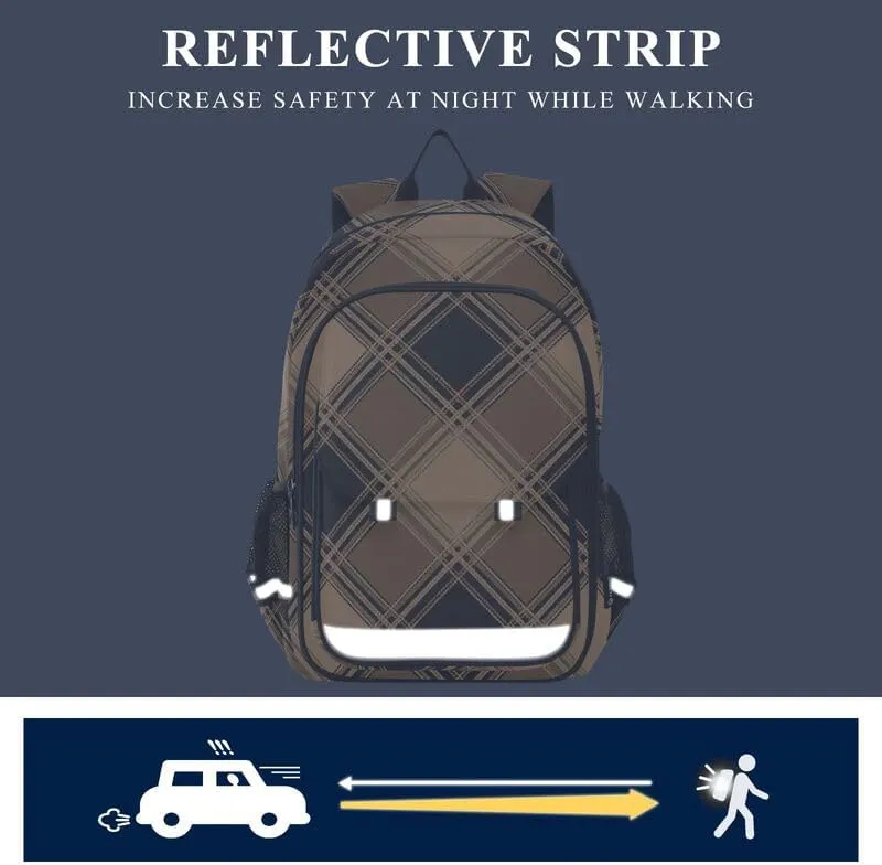 ODAWA Plaid Brown Black Squares Bakcpack Lightweight Backpack for School Kids Backpack Ages 6-12, 17 Inch