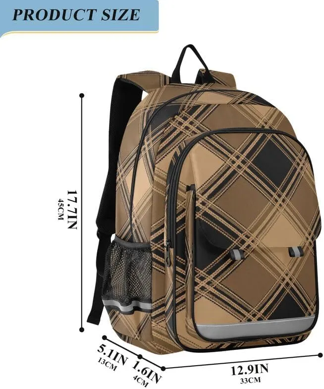ODAWA Plaid Brown Black Squares Bakcpack Lightweight Backpack for School Kids Backpack Ages 6-12, 17 Inch